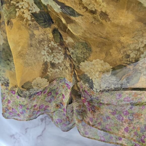 Arrata Silent Journey Shirt Womens Medium Silk Blouse Sheer Yellow Floral Button - Picture 12 of 14